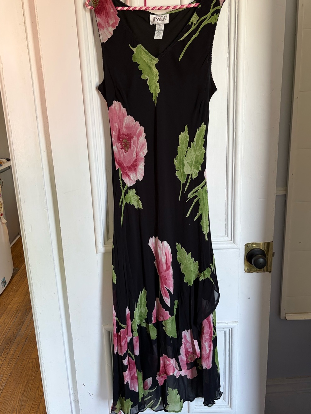 Y2K Vintage Jessica Black Dress with Pink Floral Print and Asymmetrical Hem Line
